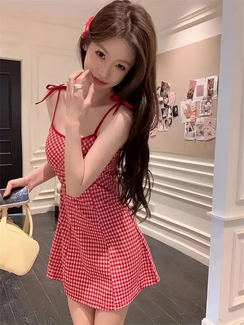 Women's Sweet Red & White Gingham Check A-Line Dress with Spaghetti Strap - Short to Mid-Length Flared Skirt, Round Neck Casual Summer Dress for Teens & Women, Machine Washable Outfit for Birthdays, Picnics & Casual Attire