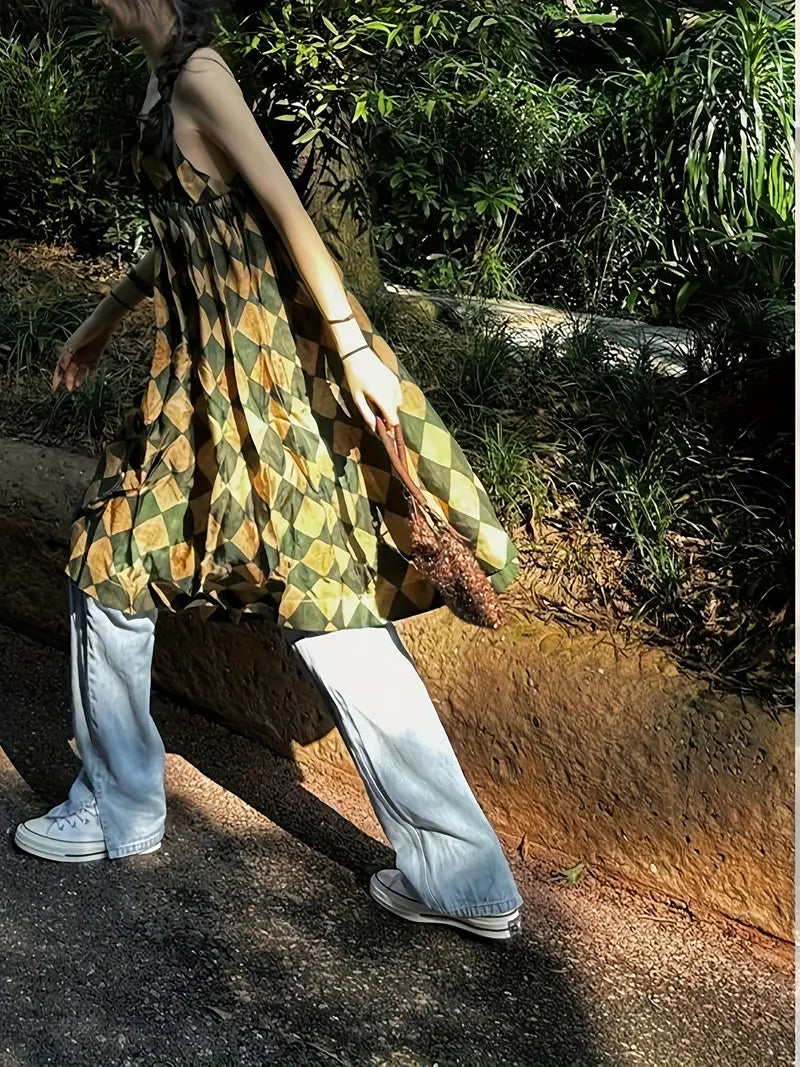 French Temperament Soft Green Plaid Camisole Dress, New Summer A-Line Waist Cinched Skirt for Women
