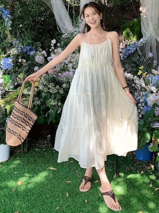 Summer Breeze Off-Shoulder Pleated Midi Dress - French Lyocell Design, Lightweight & Flowing A-Line Cut, Perfect for Vacation or Casual Outings, Beach Attire | Flowy Fabric, Beach Dress