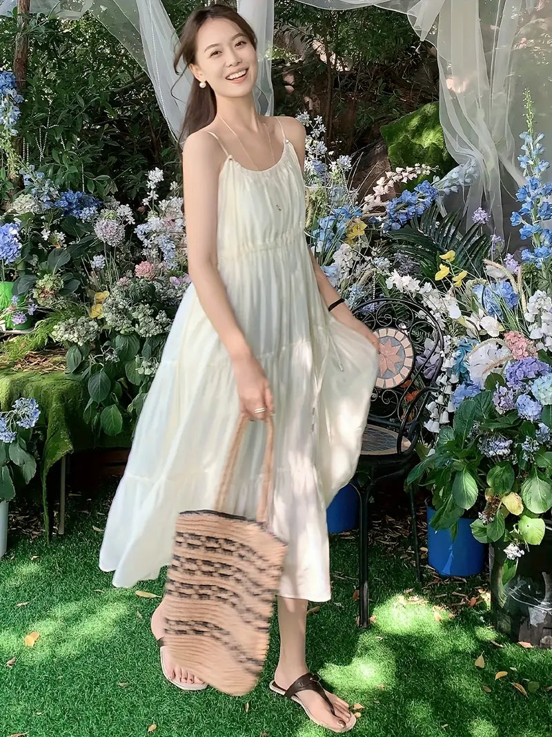 Summer Breeze Off-Shoulder Pleated Midi Dress - French Lyocell Design, Lightweight & Flowing A-Line Cut, Perfect for Vacation or Casual Outings, Beach Attire | Flowy Fabric, Beach Dress