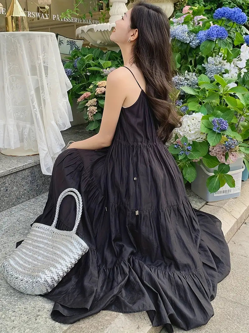 Summer Breeze Off-Shoulder Pleated Midi Dress - French Lyocell Design, Lightweight & Flowing A-Line Cut, Perfect for Vacation or Casual Outings, Beach Attire | Flowy Fabric, Beach Dress