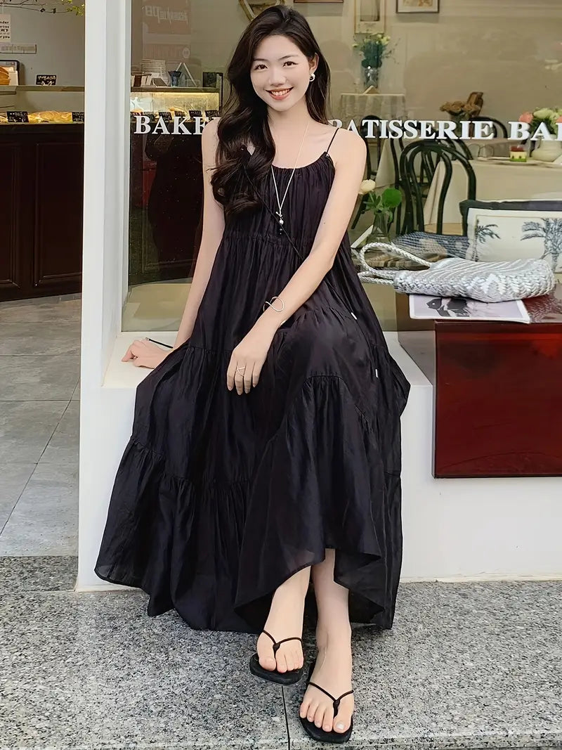 Summer Breeze Off-Shoulder Pleated Midi Dress - French Lyocell Design, Lightweight & Flowing A-Line Cut, Perfect for Vacation or Casual Outings, Beach Attire | Flowy Fabric, Beach Dress
