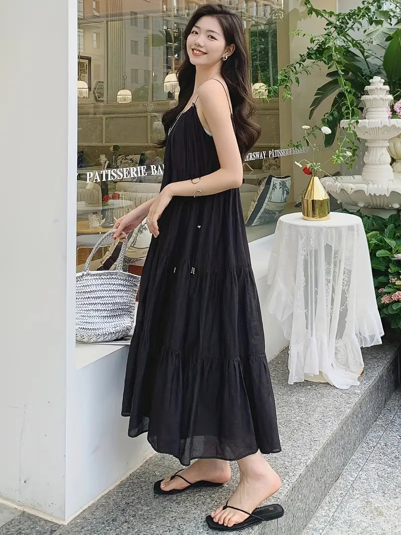 Summer Breeze Off-Shoulder Pleated Midi Dress - French Lyocell Design, Lightweight & Flowing A-Line Cut, Perfect for Vacation or Casual Outings, Beach Attire | Flowy Fabric, Beach Dress