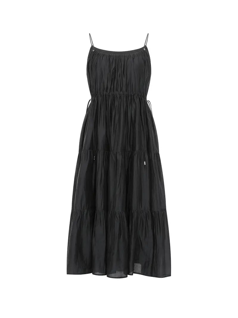 Summer Breeze Off-Shoulder Pleated Midi Dress - French Lyocell Design, Lightweight & Flowing A-Line Cut, Perfect for Vacation or Casual Outings, Beach Attire | Flowy Fabric, Beach Dress