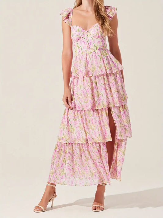 Women'S Floral Dress Stylish Multi-Layered Ruffles Split Cap Sleeve Long A-Line Dress for Spring Summer