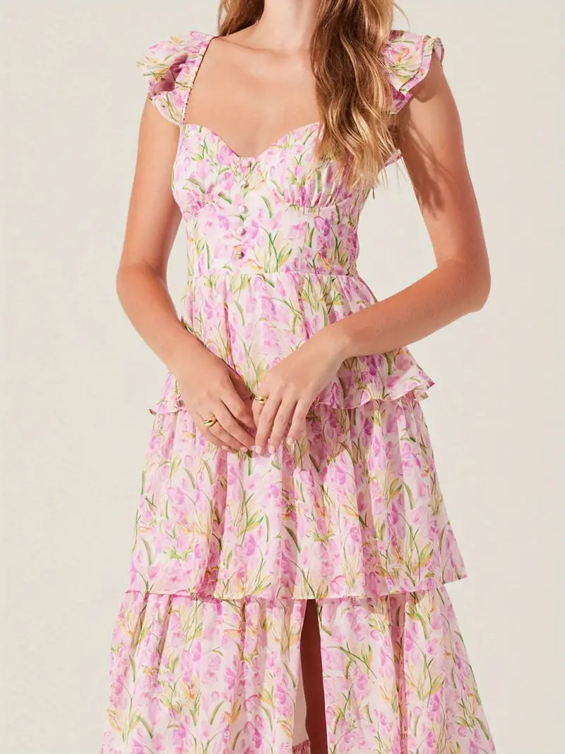 Women'S Floral Dress Stylish Multi-Layered Ruffles Split Cap Sleeve Long A-Line Dress for Spring Summer