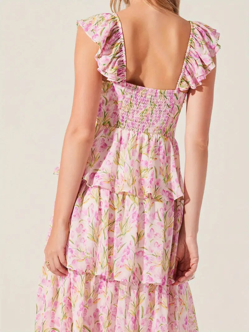 Women'S Floral Dress Stylish Multi-Layered Ruffles Split Cap Sleeve Long A-Line Dress for Spring Summer