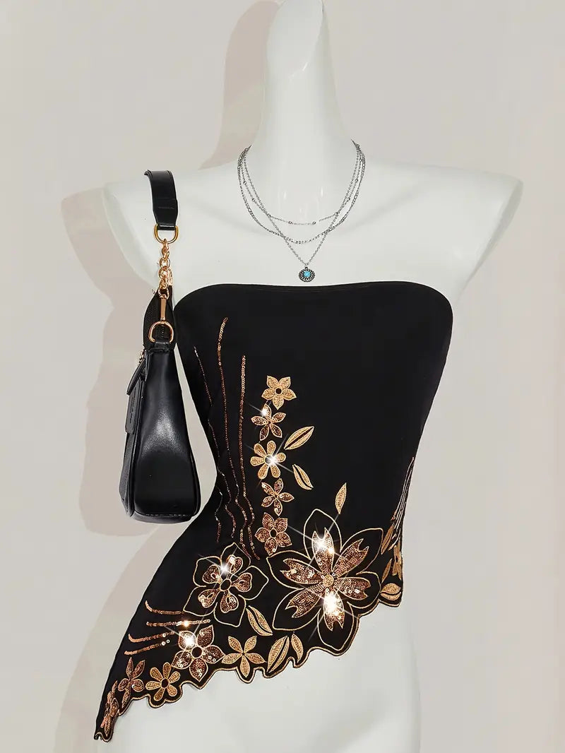 Y2K-Inspired Women'S Bohemian Sequin Embroidered Crop Top - Black Asymmetrical Hem, Strapless, Glittery Beaded Detail, Perfect for Summer Outings