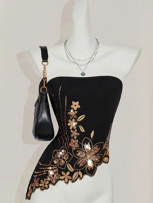 Y2K-Inspired Women'S Bohemian Sequin Embroidered Crop Top - Black Asymmetrical Hem, Strapless, Glittery Beaded Detail, Perfect for Summer Outings