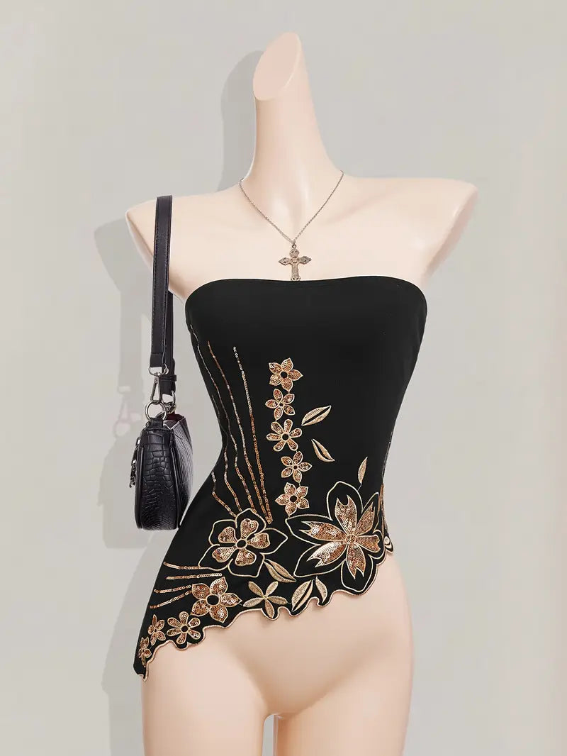 Y2K-Inspired Women'S Bohemian Sequin Embroidered Crop Top - Black Asymmetrical Hem, Strapless, Glittery Beaded Detail, Perfect for Summer Outings