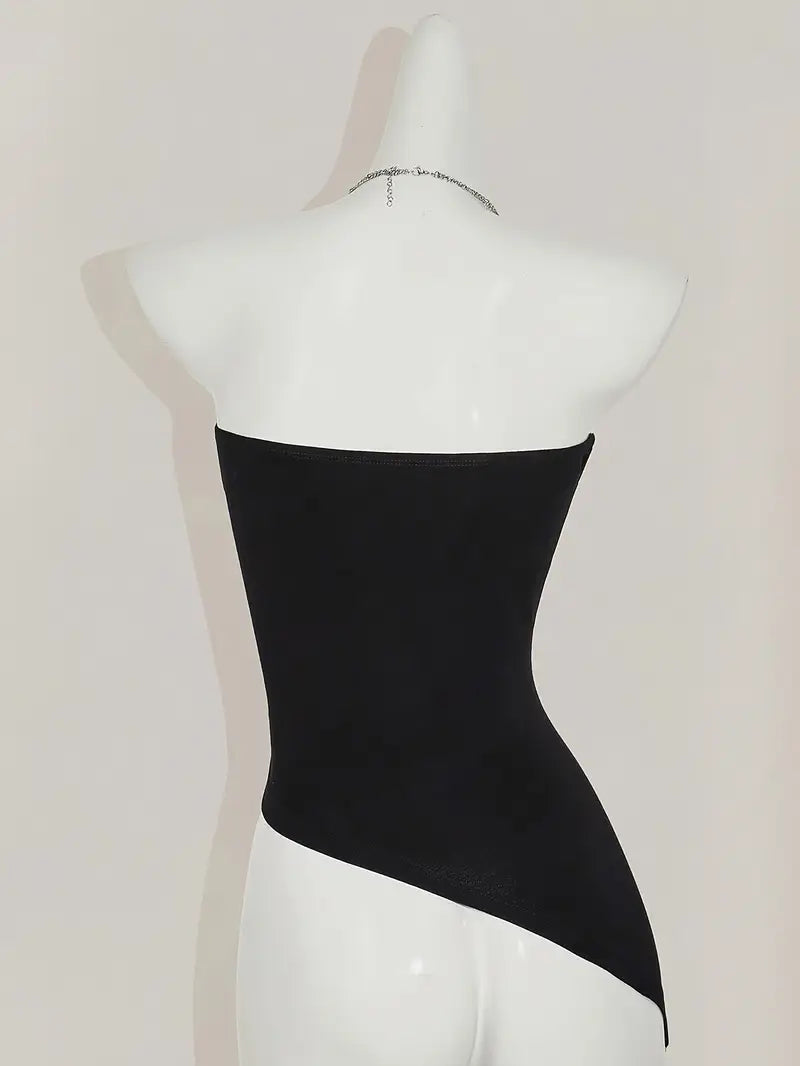 Y2K-Inspired Women'S Bohemian Sequin Embroidered Crop Top - Black Asymmetrical Hem, Strapless, Glittery Beaded Detail, Perfect for Summer Outings