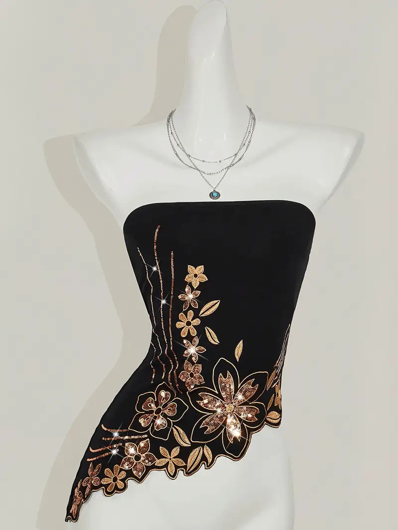 Y2K-Inspired Women'S Bohemian Sequin Embroidered Crop Top - Black Asymmetrical Hem, Strapless, Glittery Beaded Detail, Perfect for Summer Outings