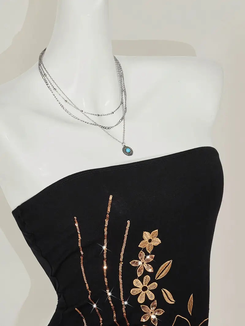 Y2K-Inspired Women'S Bohemian Sequin Embroidered Crop Top - Black Asymmetrical Hem, Strapless, Glittery Beaded Detail, Perfect for Summer Outings