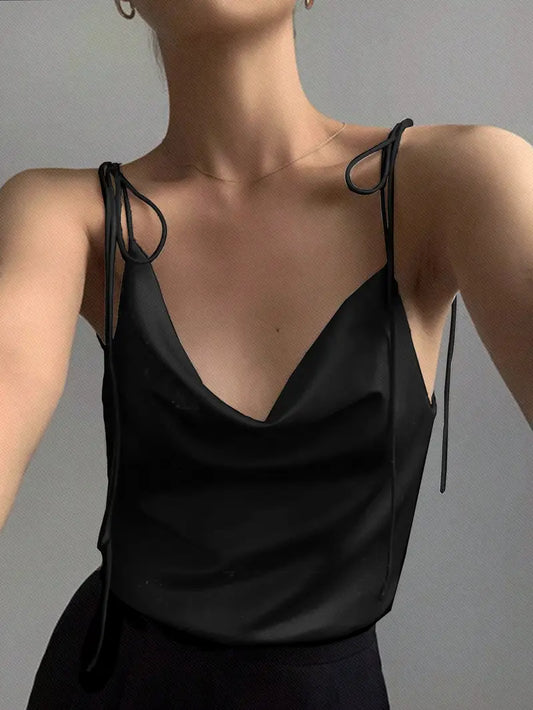 Women'S Elegant Black Satin Cami Top with Tie-Shoulder Straps - Low Neckline, Smooth Texture, Perfect for Casual or Formal Occasions, Formal Attire|Sleek Fitted Top|Smooth Texture