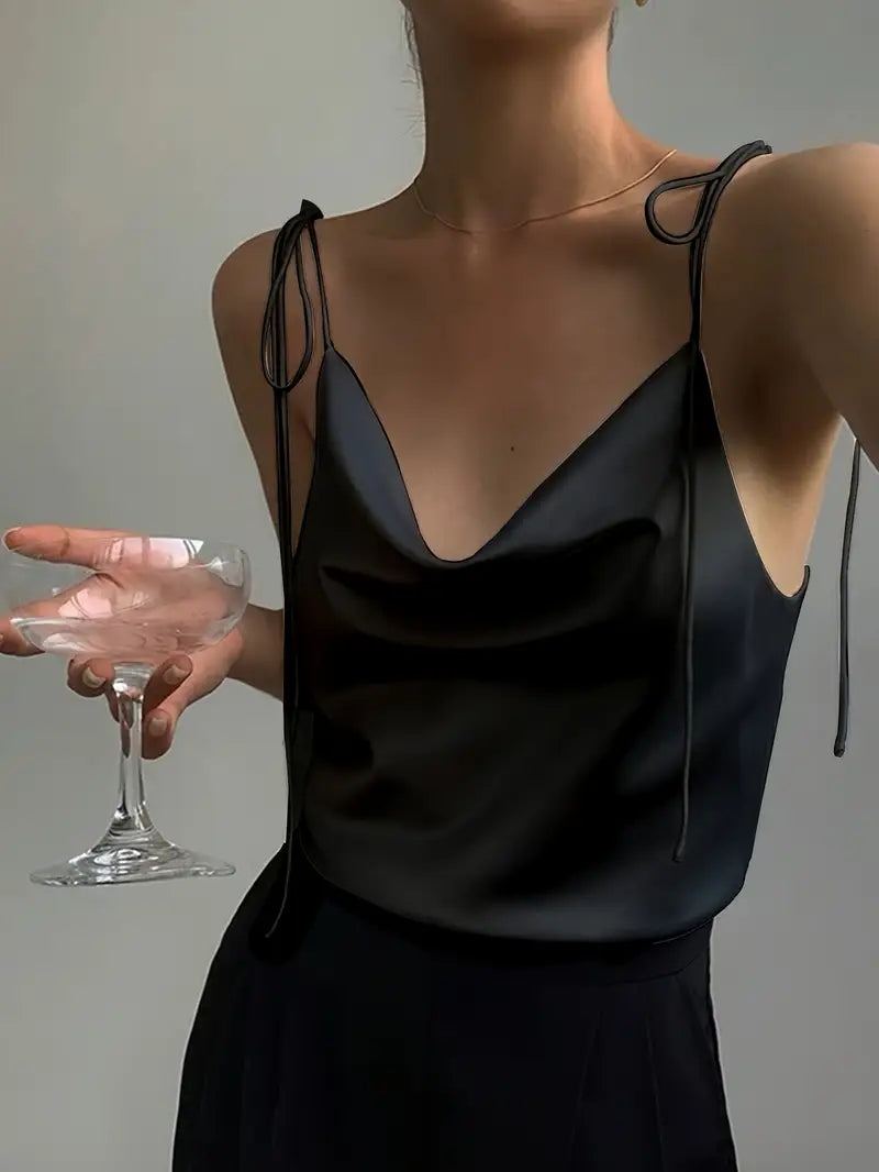 Women'S Elegant Black Satin Cami Top with Tie-Shoulder Straps - Low Neckline, Smooth Texture, Perfect for Casual or Formal Occasions, Formal Attire|Sleek Fitted Top|Smooth Texture