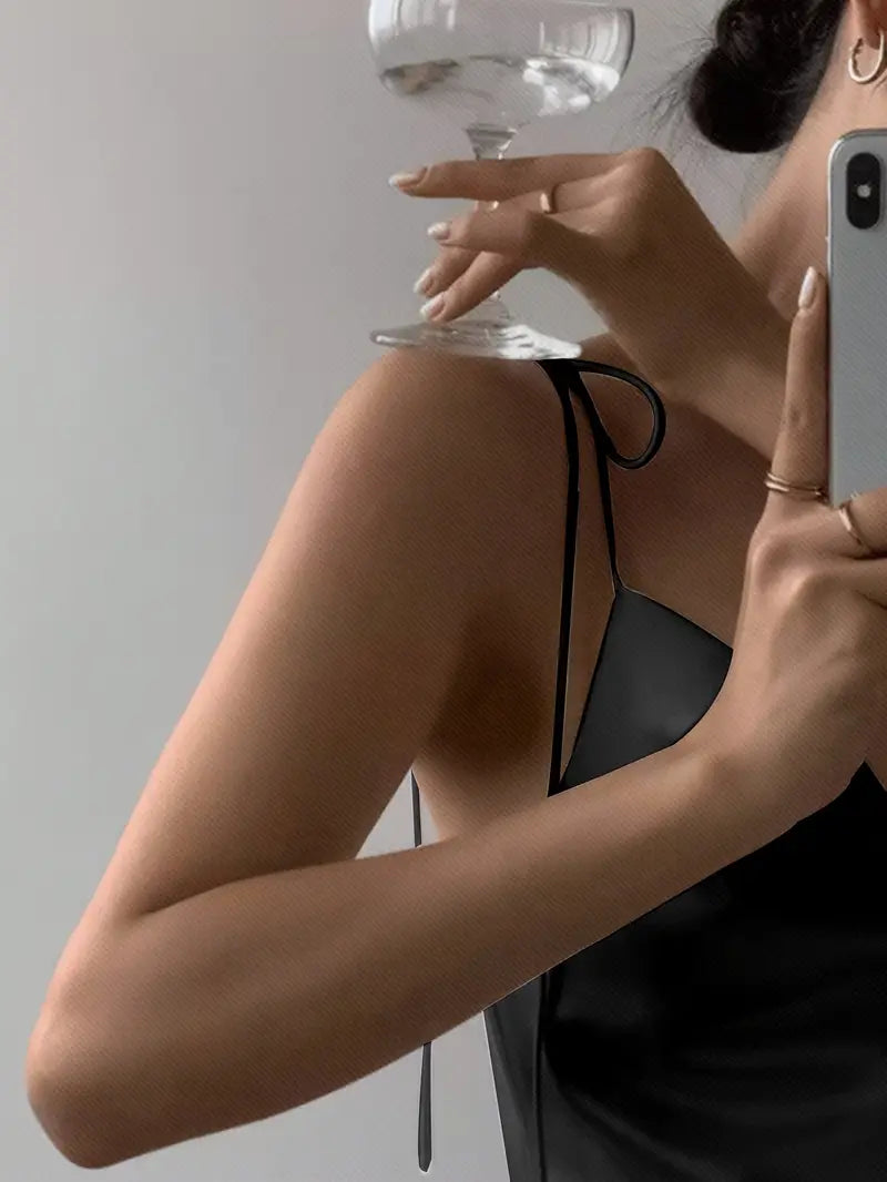 Women'S Elegant Black Satin Cami Top with Tie-Shoulder Straps - Low Neckline, Smooth Texture, Perfect for Casual or Formal Occasions, Formal Attire|Sleek Fitted Top|Smooth Texture