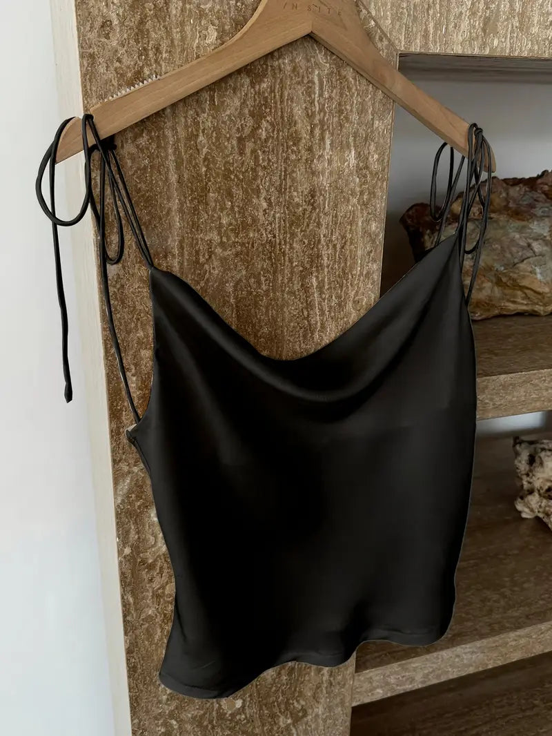 Women'S Elegant Black Satin Cami Top with Tie-Shoulder Straps - Low Neckline, Smooth Texture, Perfect for Casual or Formal Occasions, Formal Attire|Sleek Fitted Top|Smooth Texture