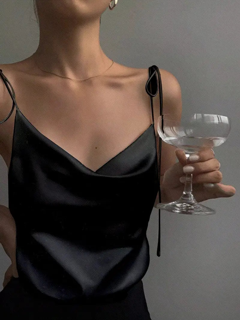 Women'S Elegant Black Satin Cami Top with Tie-Shoulder Straps - Low Neckline, Smooth Texture, Perfect for Casual or Formal Occasions, Formal Attire|Sleek Fitted Top|Smooth Texture