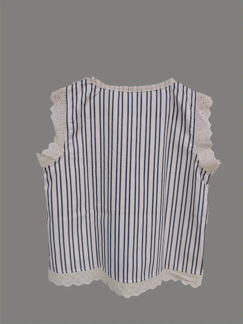 Women'S French Vintage Striped Sleeveless Blouse with Contrast Lace Trim - Casual Summer Top, Round Neck, Button Front, Lightweight & Breathable Fabric