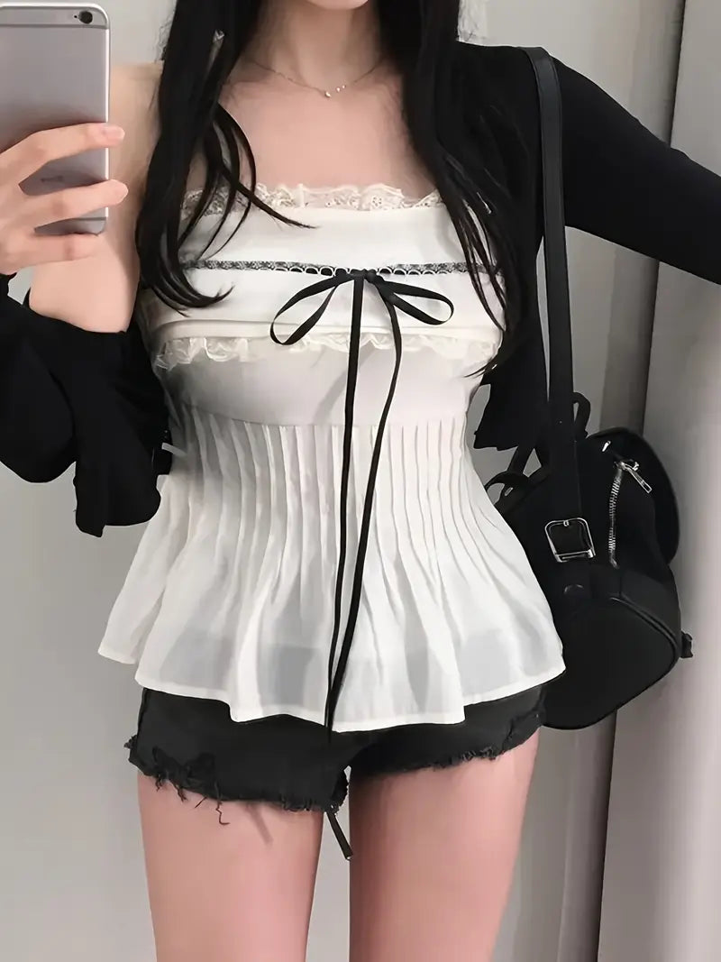 Women's French-Inspired Off-Shoulder Bow Detail Ruffled Tank Top - Lightweight Breathable Machine-Washable Summer Casual Chic Blouse for Spring/Summer Outfits