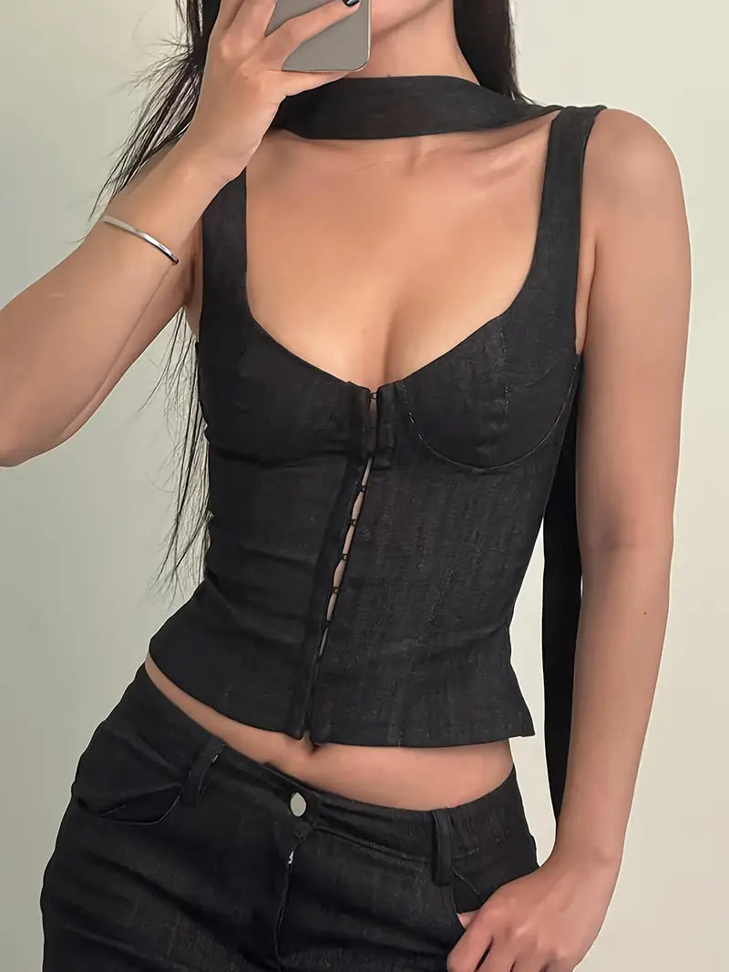 Women'S Corset Tank Tops Sleeveless Solid Color Slim Fit Bustier Crop Tops with Scarf