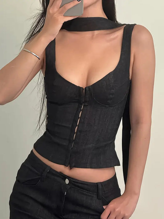 Women'S Corset Tank Tops Sleeveless Solid Color Slim Fit Bustier Crop Tops with Scarf