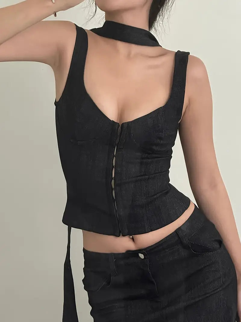 Women'S Corset Tank Tops Sleeveless Solid Color Slim Fit Bustier Crop Tops with Scarf