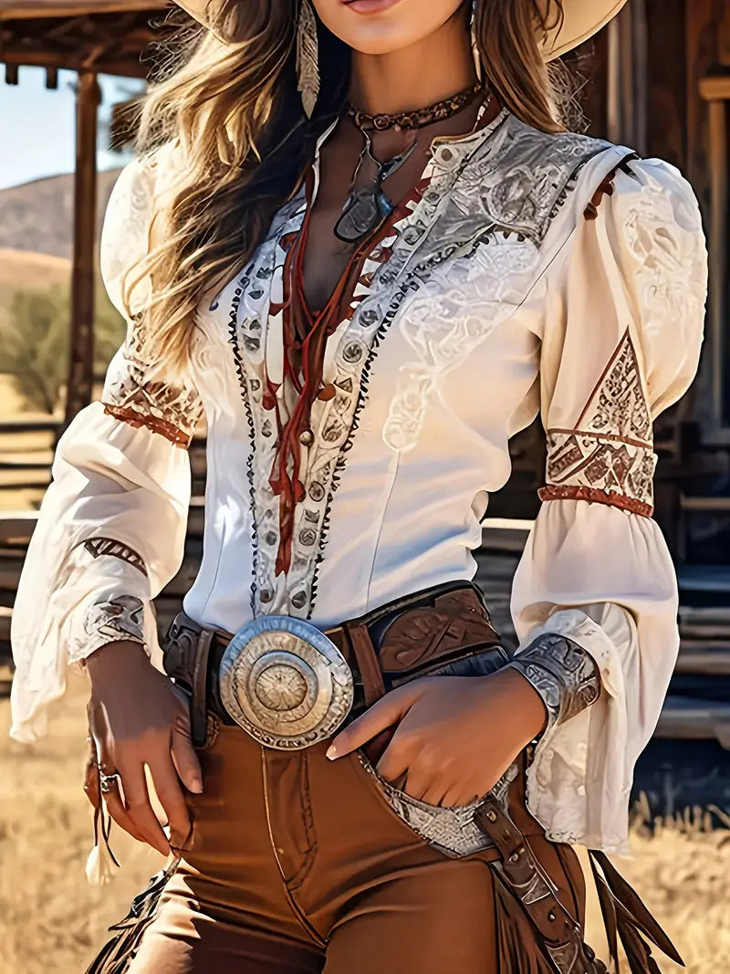 Women's Elegant Retro Western Lace Trim Bell Sleeve Blouse with V-Shaped Floral Print - Stand Collar Slim Fit Polyester Top for Casual & Festive Occasions, Spring Summer Fall, Floral Print Blouse, Seasonal Fashion, Stylish Craftsmanship
