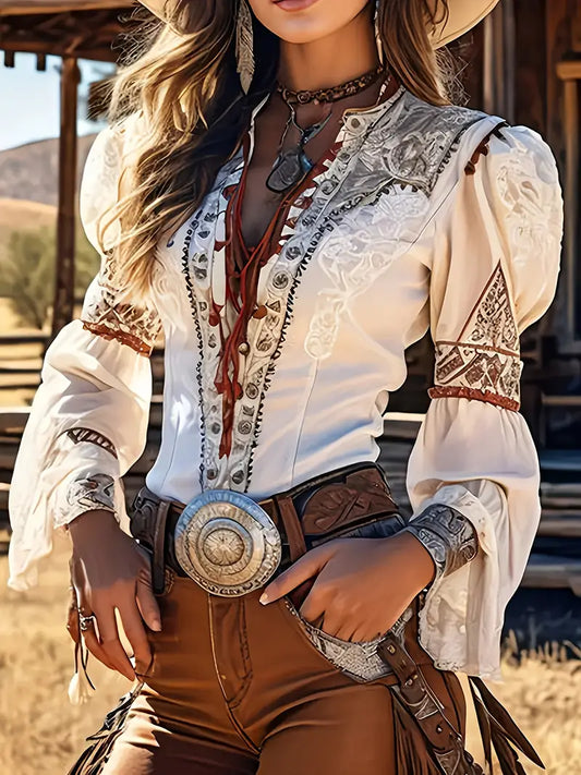 Women's Elegant Retro Western Lace Trim Bell Sleeve Blouse with V-Shaped Floral Print - Stand Collar Slim Fit Polyester Top for Casual & Festive Occasions, Spring Summer Fall, Floral Print Blouse, Seasonal Fashion, Stylish Craftsmanship