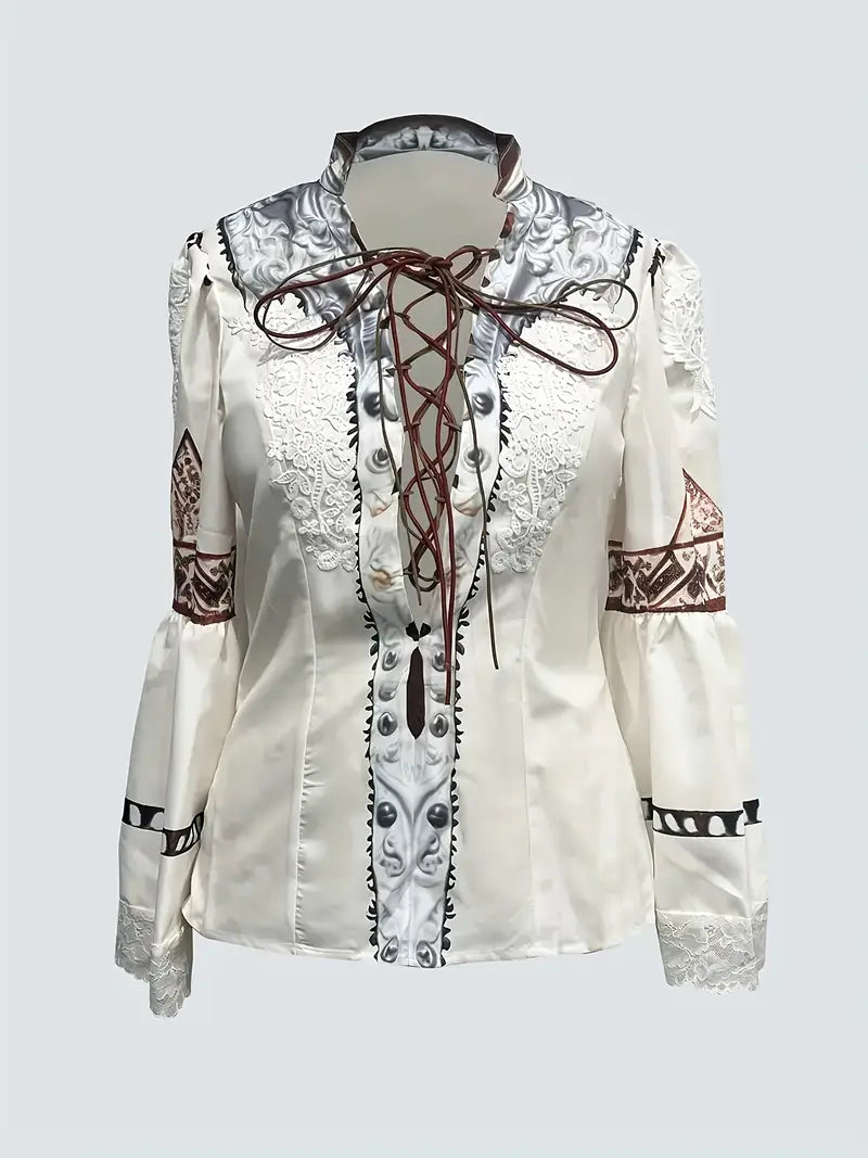 Women's Elegant Retro Western Lace Trim Bell Sleeve Blouse with V-Shaped Floral Print - Stand Collar Slim Fit Polyester Top for Casual & Festive Occasions, Spring Summer Fall, Floral Print Blouse, Seasonal Fashion, Stylish Craftsmanship