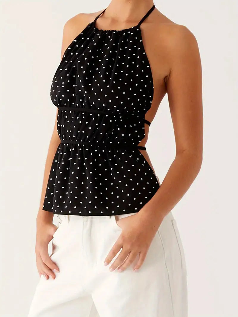 Women'S Y2K Summer Halter Tank Tops Dot Print Sleeveless Backless Tie-up Slim Fit Vest Streewear Club Outfits