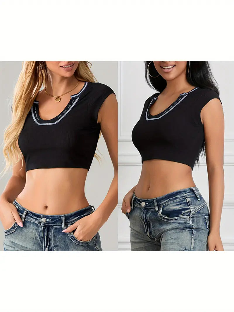 1pc Women'S Sexy V-Neck Crop Top, Polyester Knit Fabric, Solid Color with Contrast Stitching, Summer Cap Sleeve Patchwork T-Shirt for Streetwear