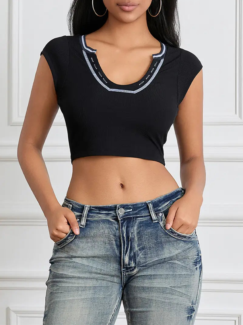 1pc Women'S Sexy V-Neck Crop Top, Polyester Knit Fabric, Solid Color with Contrast Stitching, Summer Cap Sleeve Patchwork T-Shirt for Streetwear