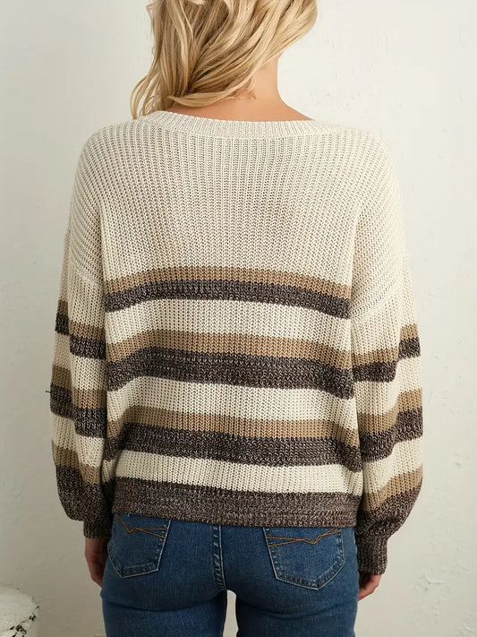 Autumn-Winter V-Neck Color Block Striped Elegant Women's Sweater, High-Quality Casual Style for Outdoor and Party Wear, Simple Fashion with Jeans Skirts
