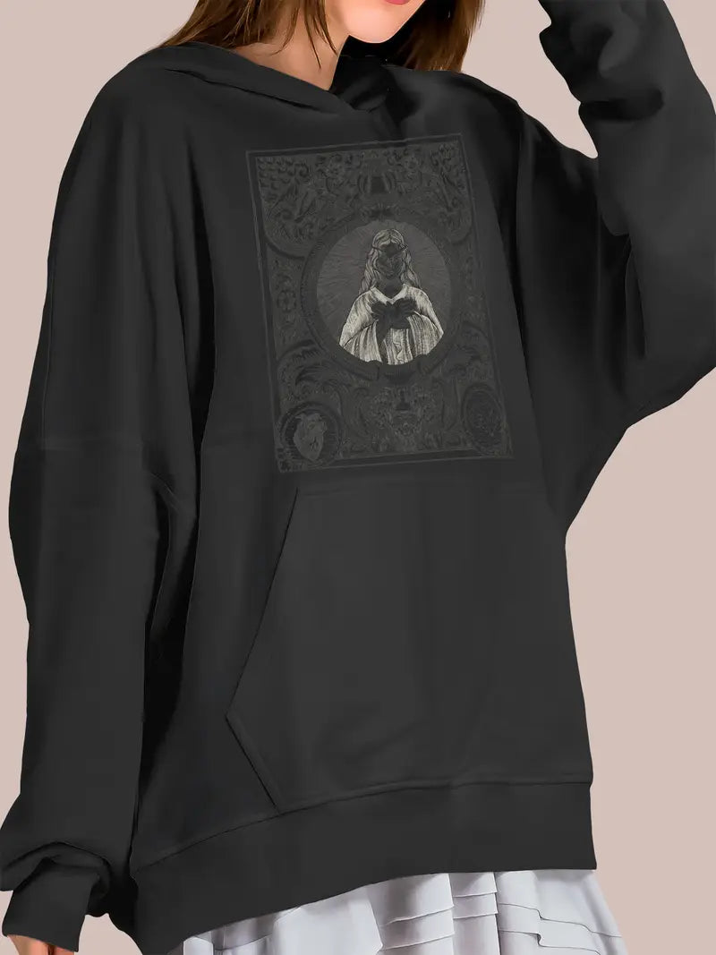 1pc Mysterious-Style Geometric Pattern Cotton Hoodie for Women, Casual Comfortable Mid-Stretch Fabric, Cute Round Neck Pullover for Everyday Wear and Night Activities - Autumn/Winter Collection
