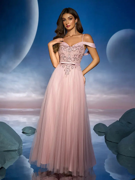 Women's Elegant Off-Shoulder/One-Shoulder Evening Dress with 3D Floral Lace Appliqué & Pleated Skirt - Luxury Guest Gown, 100% Polyester, Hand Wash Only