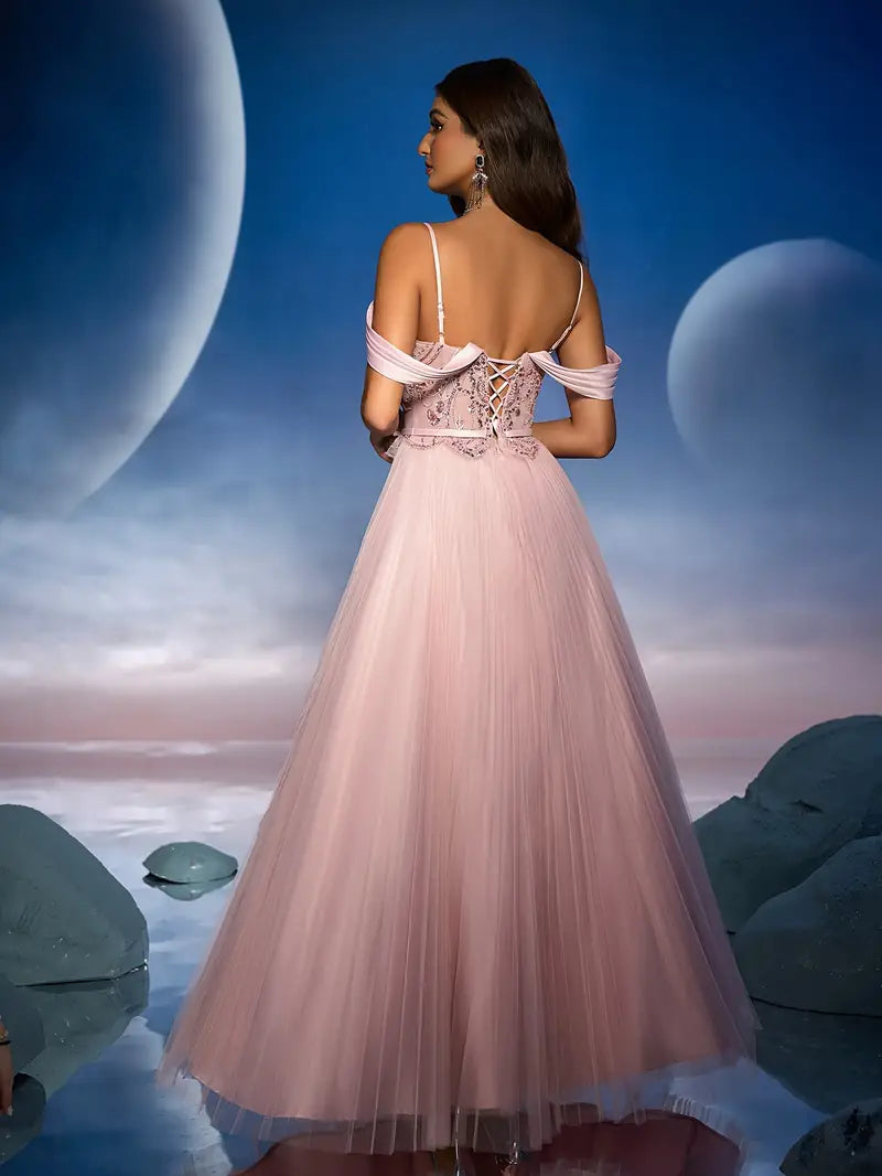 Women's Elegant Off-Shoulder/One-Shoulder Evening Dress with 3D Floral Lace Appliqué & Pleated Skirt - Luxury Guest Gown, 100% Polyester, Hand Wash Only