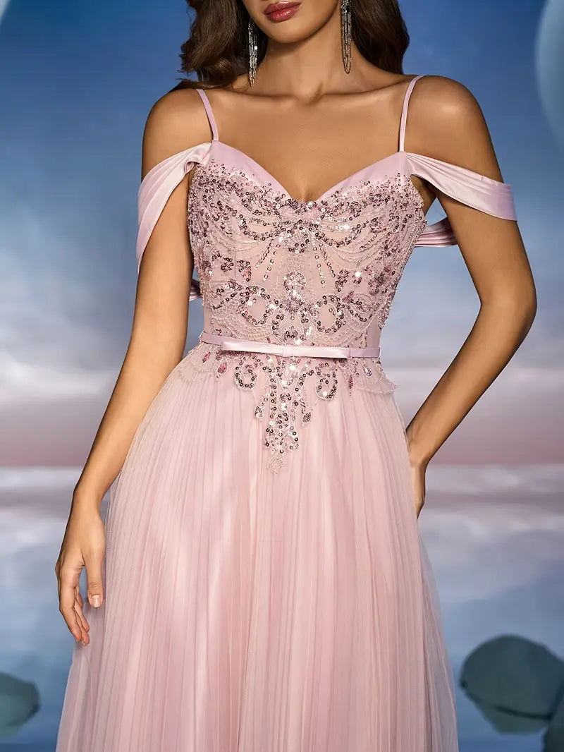 Women's Elegant Off-Shoulder/One-Shoulder Evening Dress with 3D Floral Lace Appliqué & Pleated Skirt - Luxury Guest Gown, 100% Polyester, Hand Wash Only