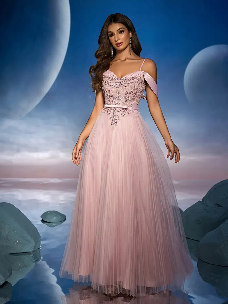 Women's Elegant Off-Shoulder/One-Shoulder Evening Dress with 3D Floral Lace Appliqué & Pleated Skirt - Luxury Guest Gown, 100% Polyester, Hand Wash Only