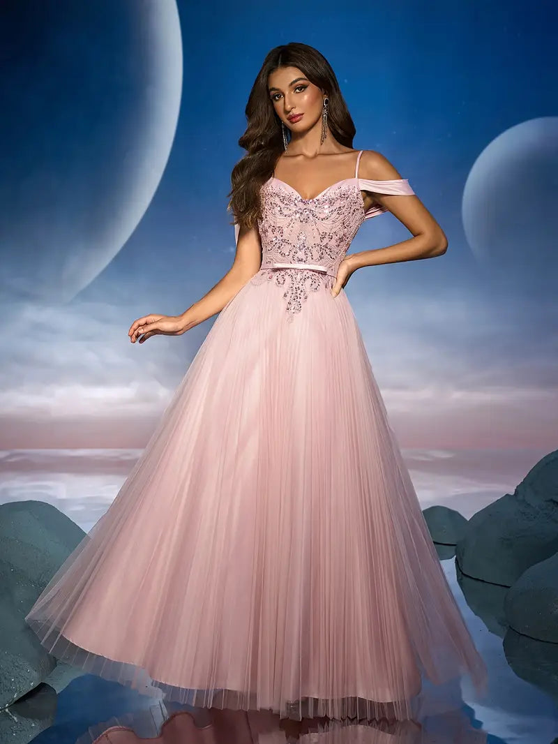 Women's Elegant Off-Shoulder/One-Shoulder Evening Dress with 3D Floral Lace Appliqué & Pleated Skirt - Luxury Guest Gown, 100% Polyester, Hand Wash Only