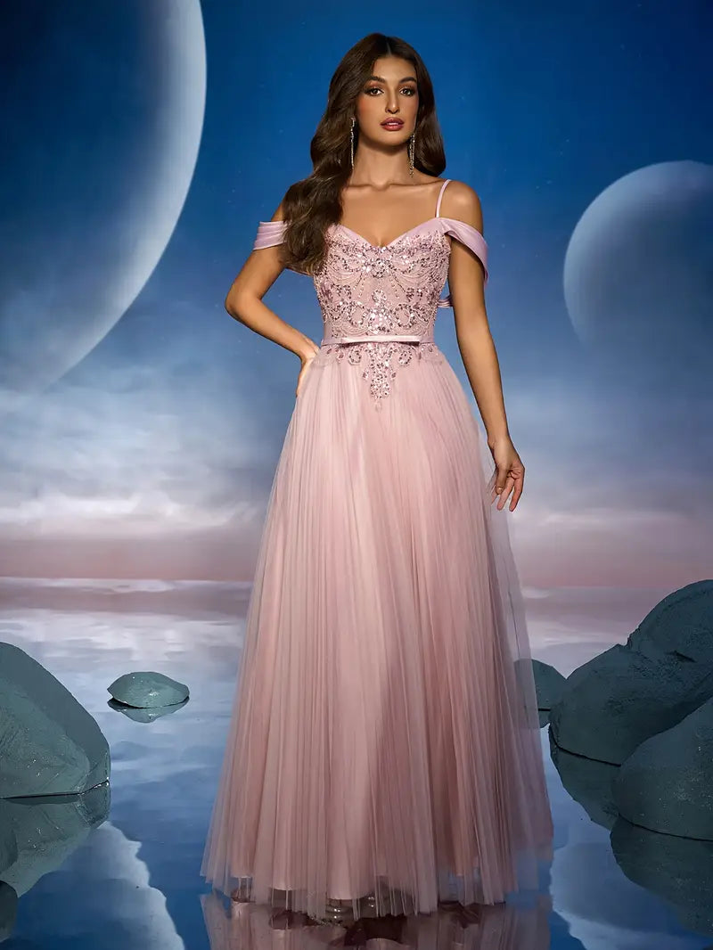 Women's Elegant Off-Shoulder/One-Shoulder Evening Dress with 3D Floral Lace Appliqué & Pleated Skirt - Luxury Guest Gown, 100% Polyester, Hand Wash Only