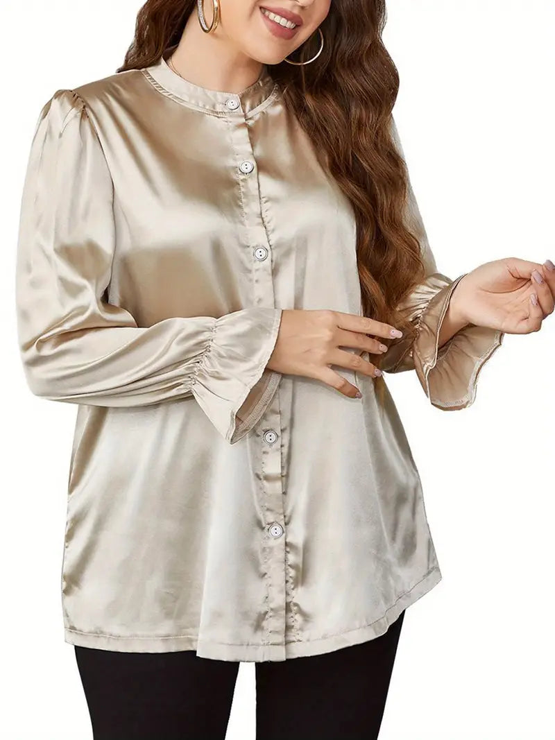 Plus Size - Women'S Spring Autumn Casual Tops Long Sleeve Round Neck Solid Color Button Up Satin Shirt