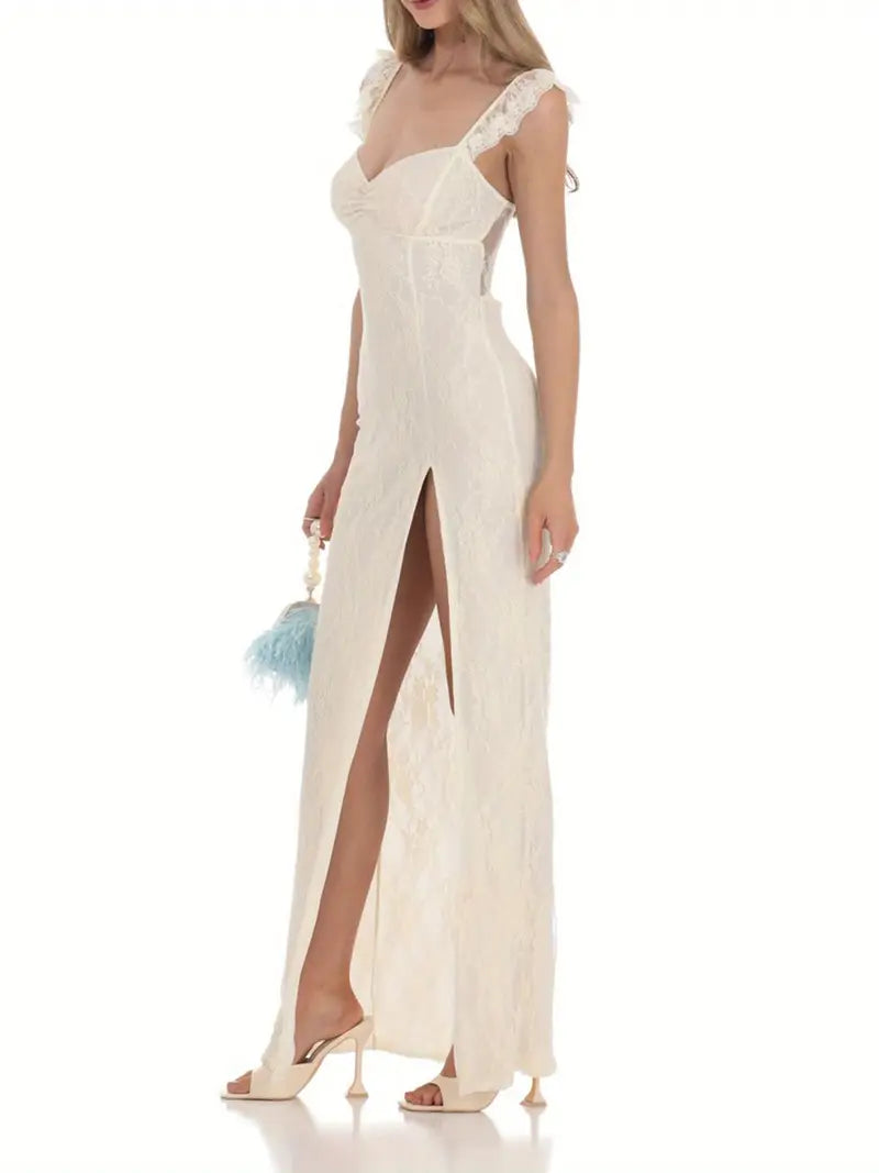 Elegant Lace Maxi Dress for Women - Slim Fit with Sweetheart Neckline, Ruffled Sleeves & Tie-Back Detail, High Slit Backless Design - Perfect for Spring/Summer Events