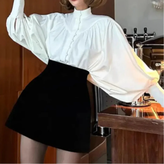 Women'S French-Inspired Elegant White Mandarin Collar Lantern Sleeve Blouse - Long Sleeve Single-Breasted Top with Beadwork-like Collar, High Neck Palace Style Shirt for Spring/Autumn