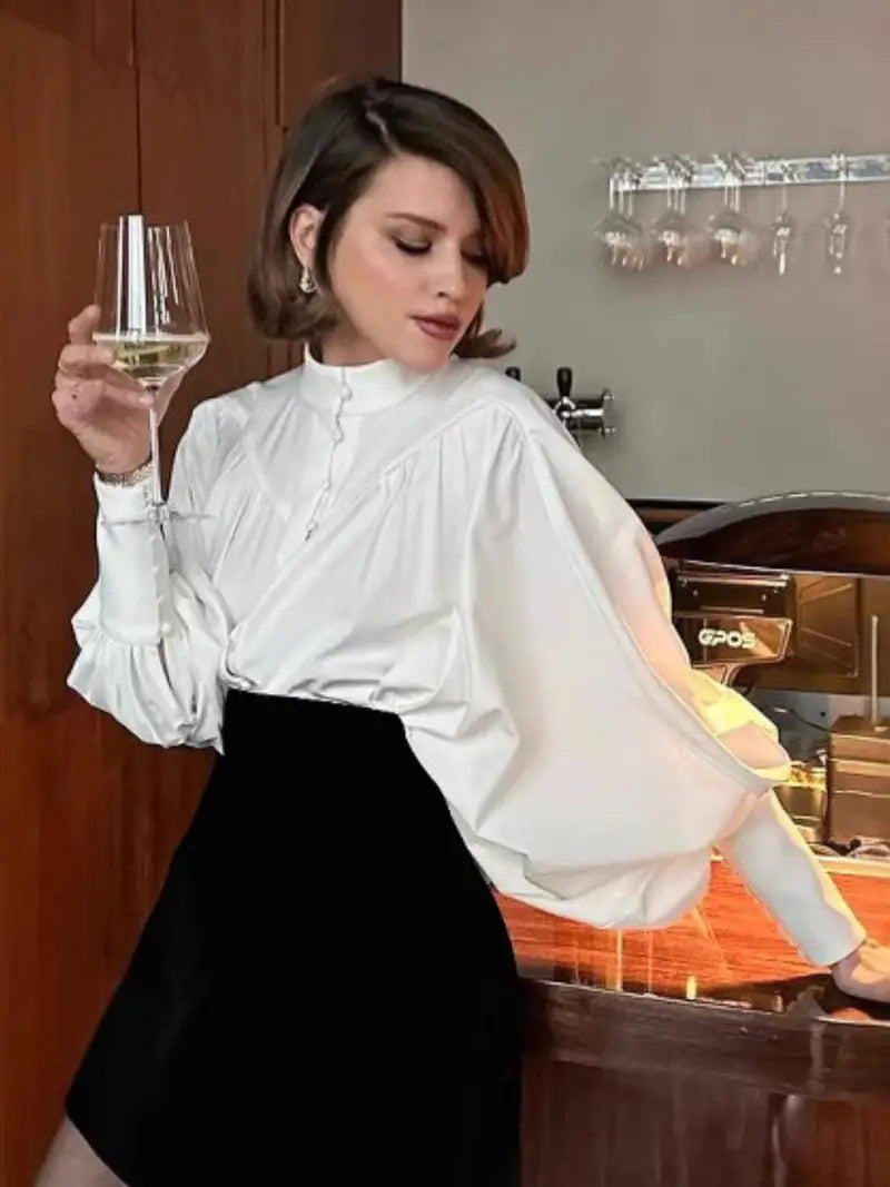 Women'S French-Inspired Elegant White Mandarin Collar Lantern Sleeve Blouse - Long Sleeve Single-Breasted Top with Beadwork-like Collar, High Neck Palace Style Shirt for Spring/Autumn