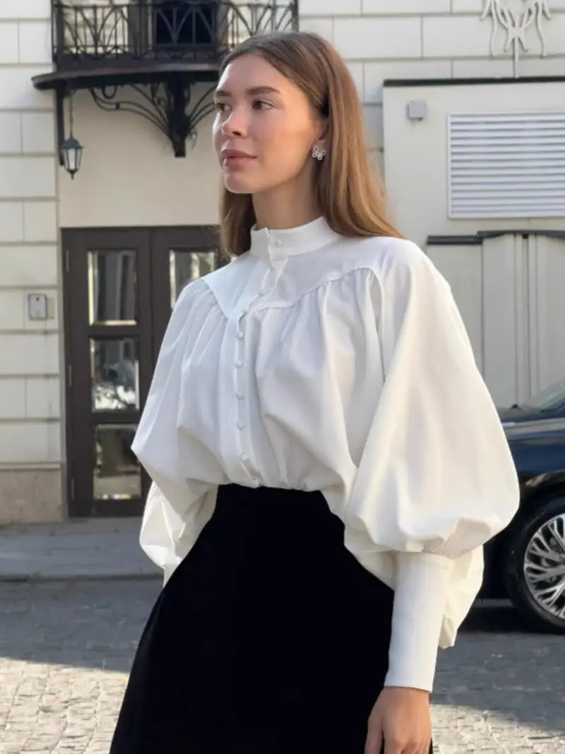 Women'S French-Inspired Elegant White Mandarin Collar Lantern Sleeve Blouse - Long Sleeve Single-Breasted Top with Beadwork-like Collar, High Neck Palace Style Shirt for Spring/Autumn