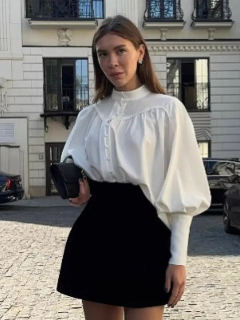 Women'S French-Inspired Elegant White Mandarin Collar Lantern Sleeve Blouse - Long Sleeve Single-Breasted Top with Beadwork-like Collar, High Neck Palace Style Shirt for Spring/Autumn
