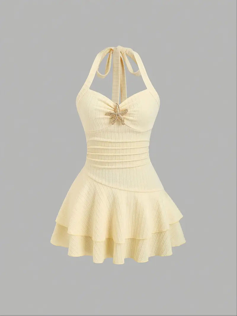 Women's Beach Party & Vacation Dress - Elegant Halter Neck with Metallic accent, Layered Ruffle Hem - Lightweight yet Structured A-Line mini - Machine Washable - by OrchidLAN, Resort Wear, Playful Design, Stylish Detailing, Feminine Fashion, Trendy Women