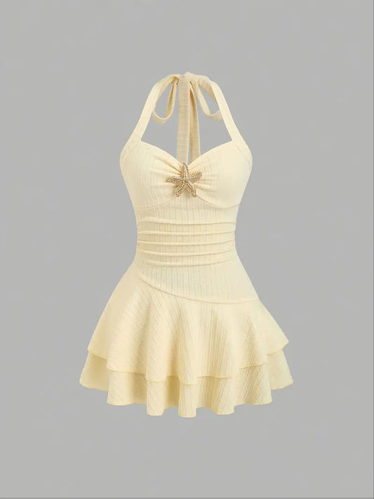 Women's Beach Party & Vacation Dress - Elegant Halter Neck with Metallic accent, Layered Ruffle Hem - Lightweight yet Structured A-Line mini - Machine Washable - by OrchidLAN, Resort Wear, Playful Design, Stylish Detailing, Feminine Fashion, Trendy Women