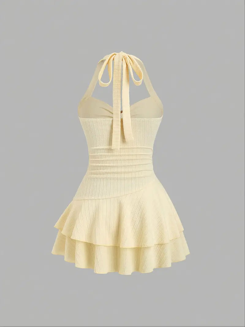 Women's Beach Party & Vacation Dress - Elegant Halter Neck with Metallic accent, Layered Ruffle Hem - Lightweight yet Structured A-Line mini - Machine Washable - by OrchidLAN, Resort Wear, Playful Design, Stylish Detailing, Feminine Fashion, Trendy Women